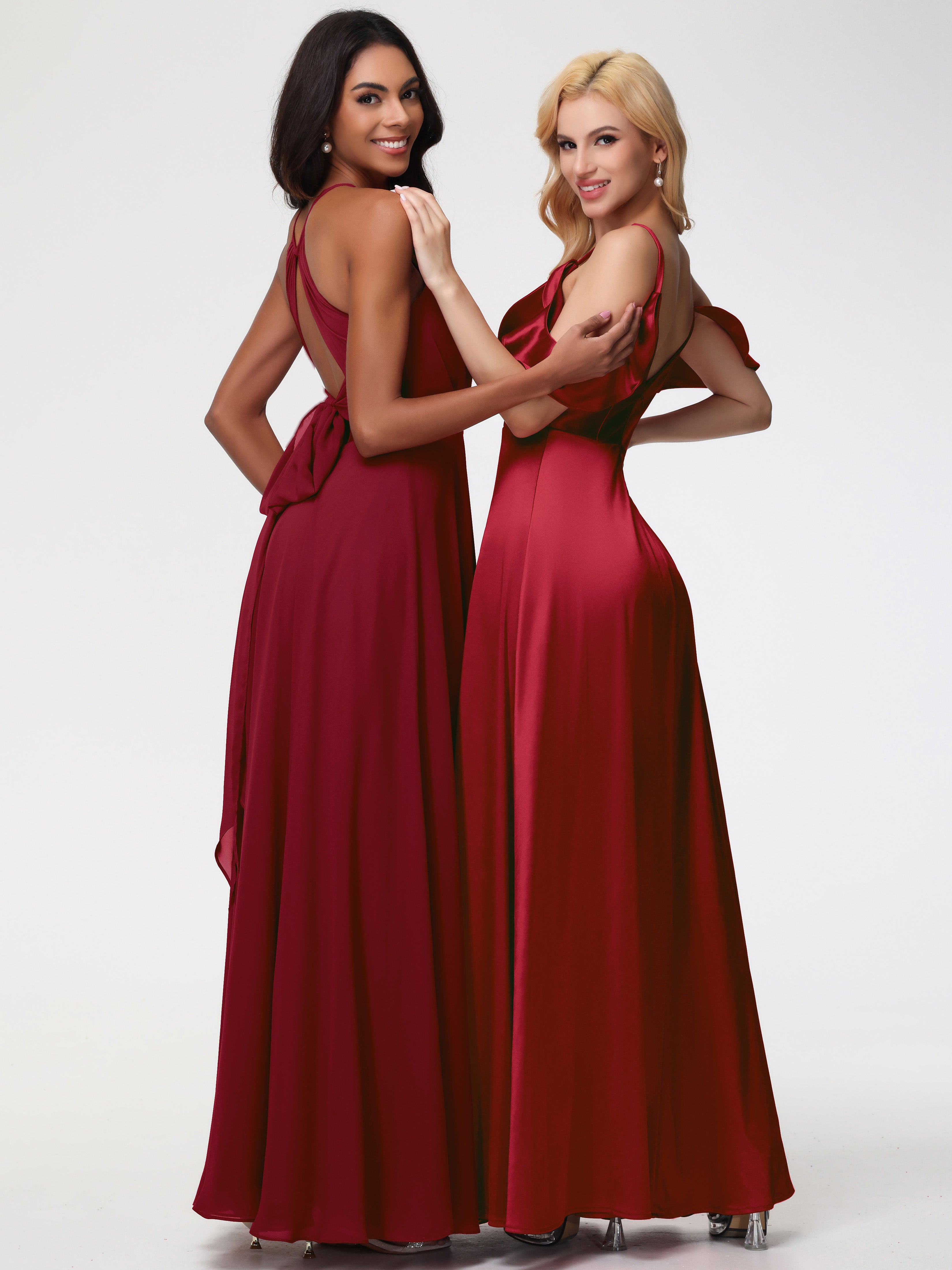 Off The Shoulder Burgundy Formal Dress A Line Off The Shoulder V-Neck Stretch Satin Formal Dress With Slit