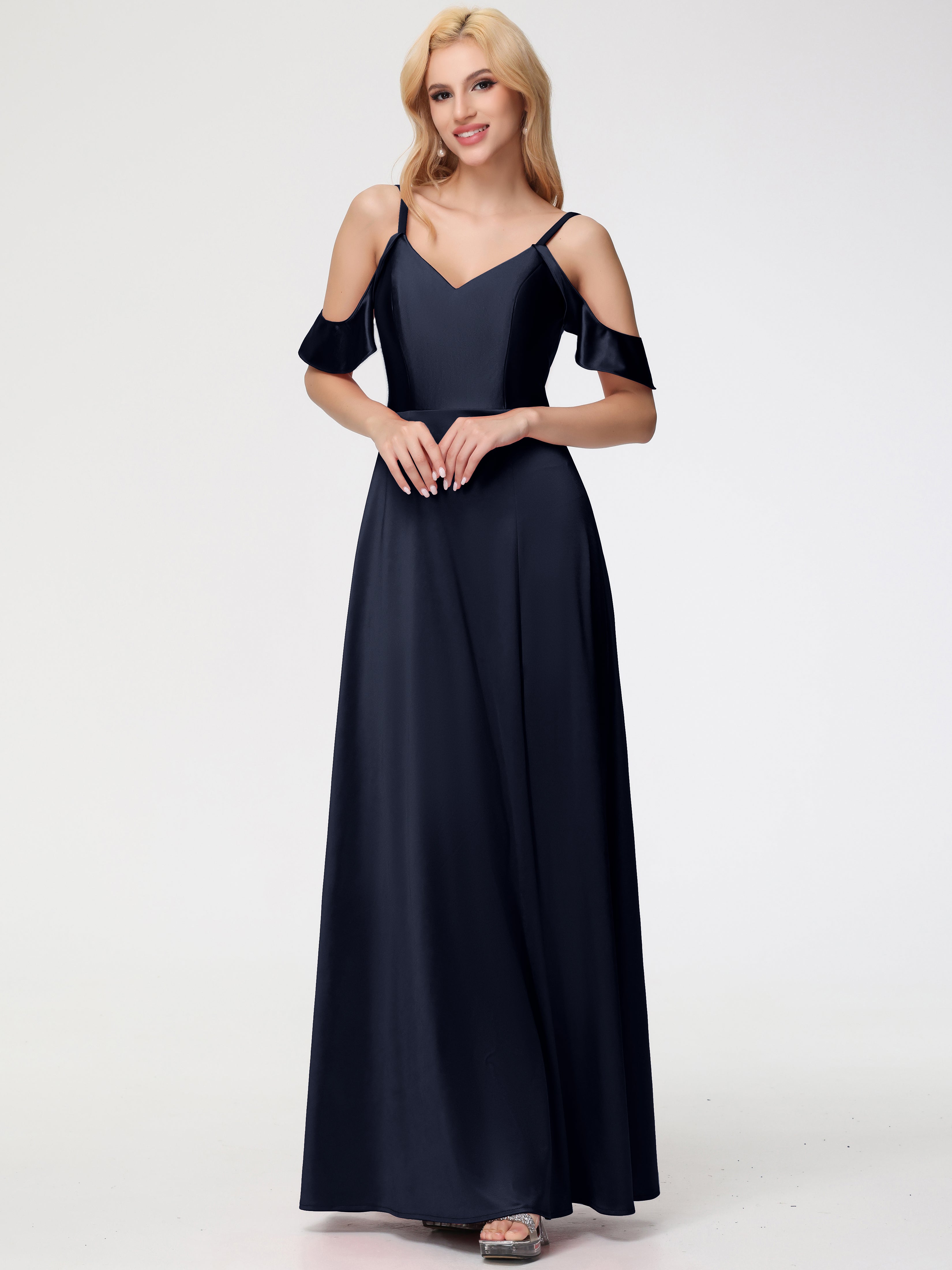 Dark Navy Blue Formal Dresses A Line Off The Shoulder V-Neck Stretch Satin Formal Dress With Slit