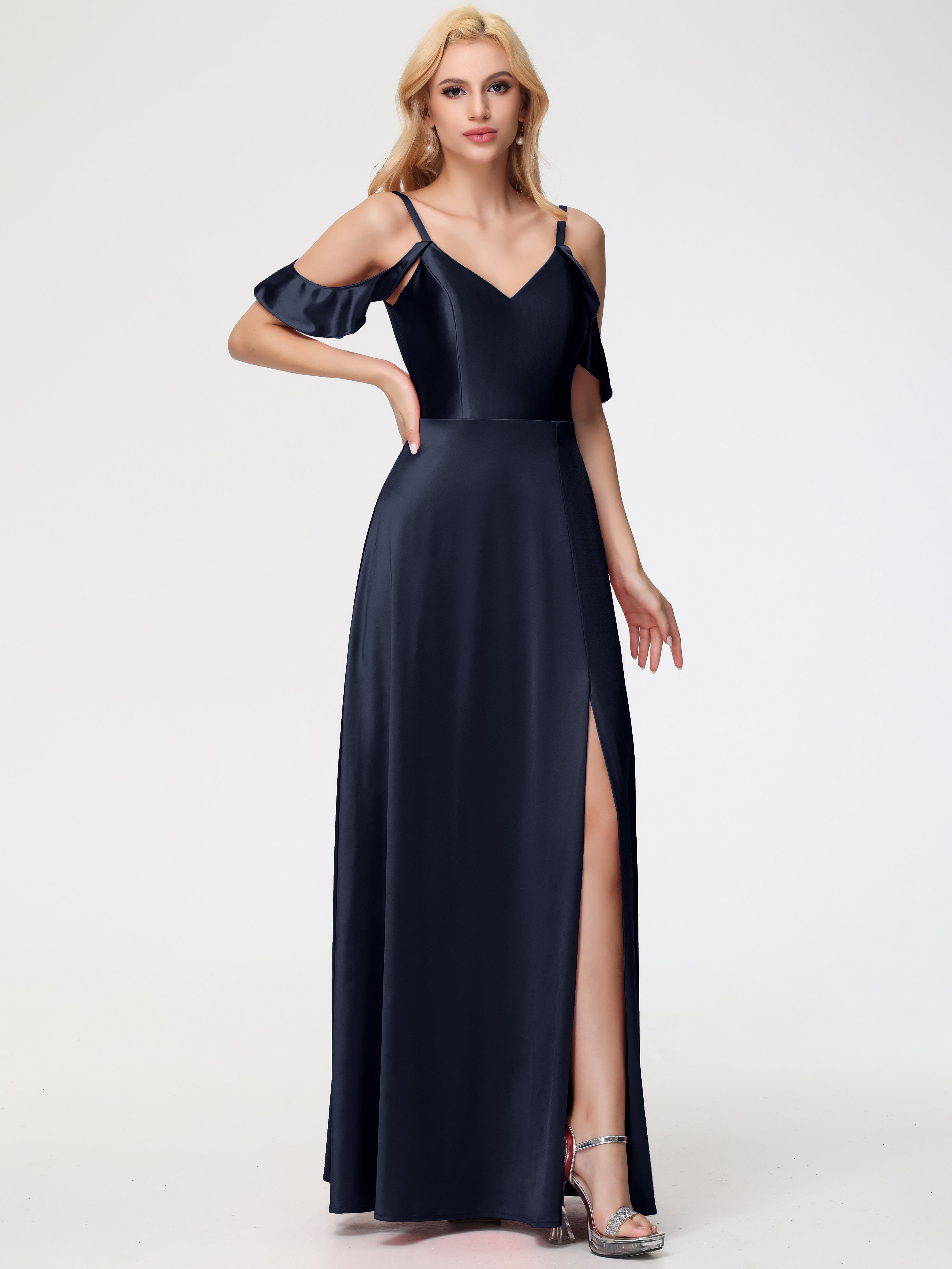 Dark Navy Blue Formal Dresses A Line Off The Shoulder V-Neck Stretch Satin Formal Dress With Slit