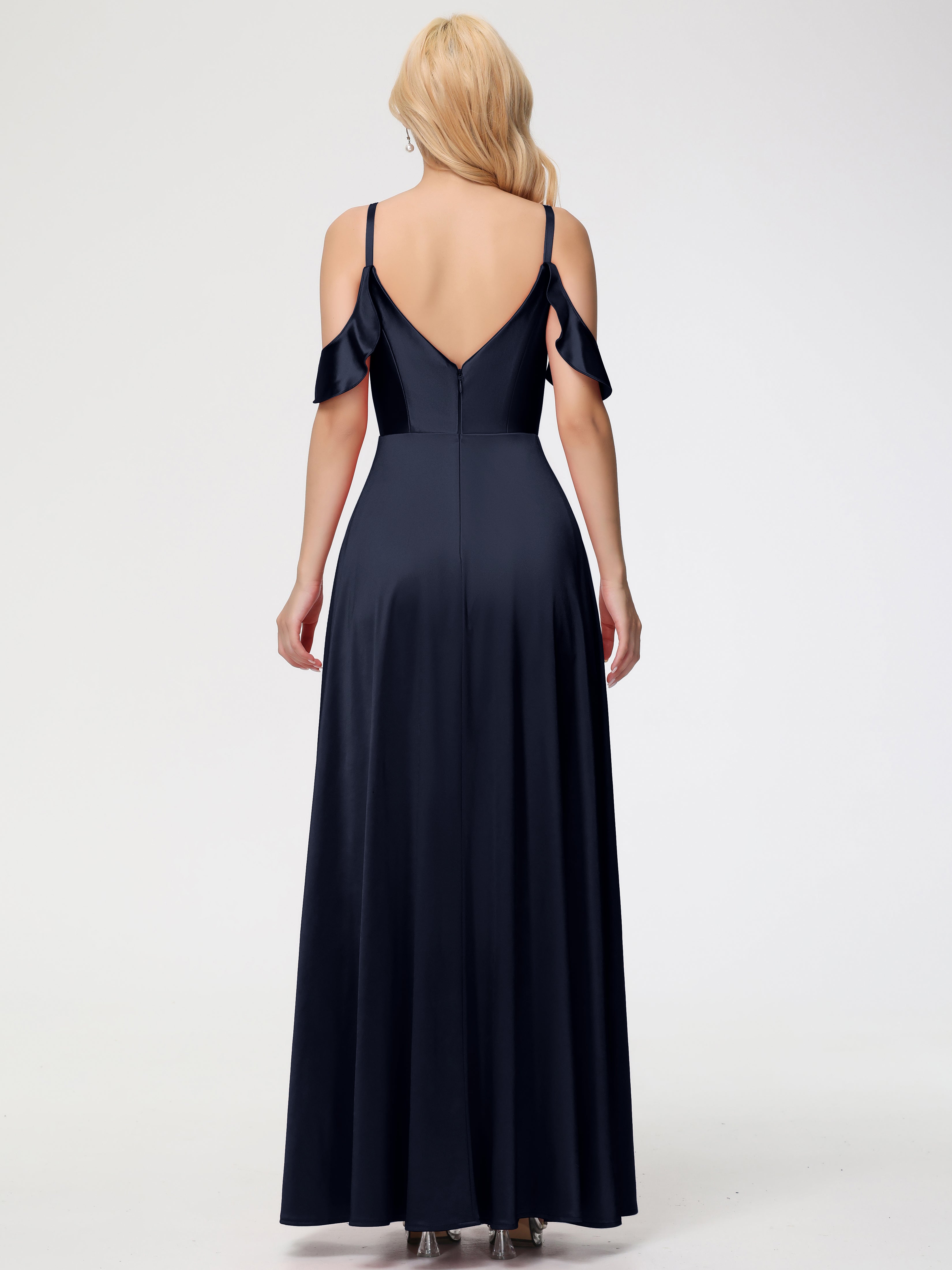 Dark Navy Blue Formal Dresses A Line Off The Shoulder V-Neck Stretch Satin Formal Dress With Slit