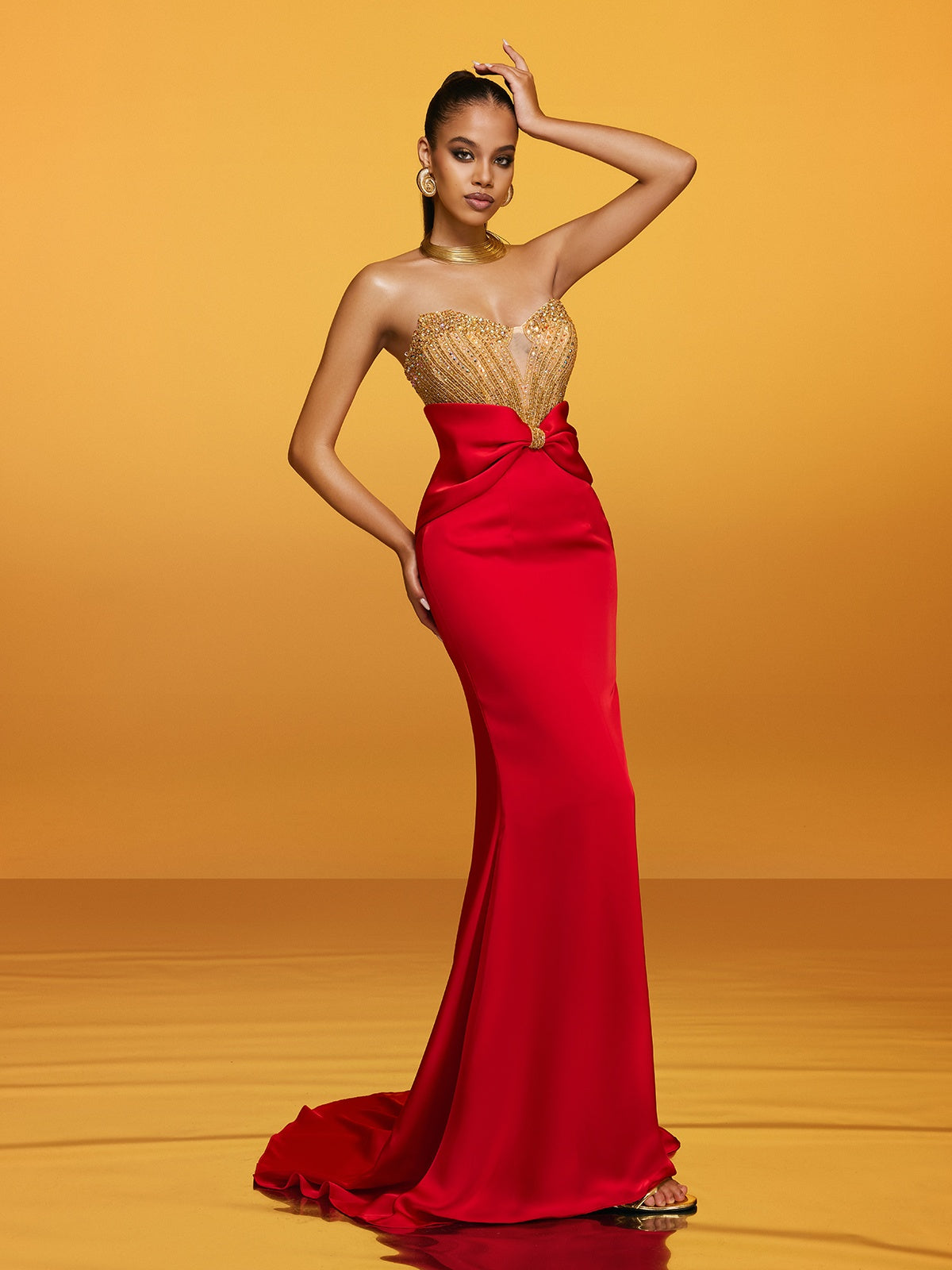 Strapless Bow Satin Maxi Dress - View 4