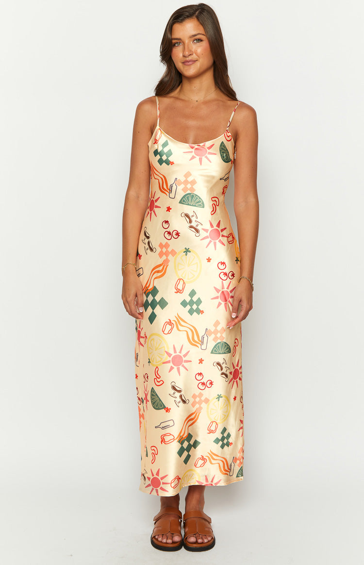 Satin Citrus and Cocktail Print Cowl Neck Cami Slip Maxi Dress 2