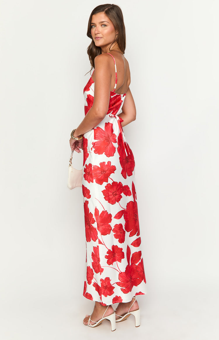 Floral Print Satin Scoop Neck Cami Tie Back Slip Maxi Dress 5