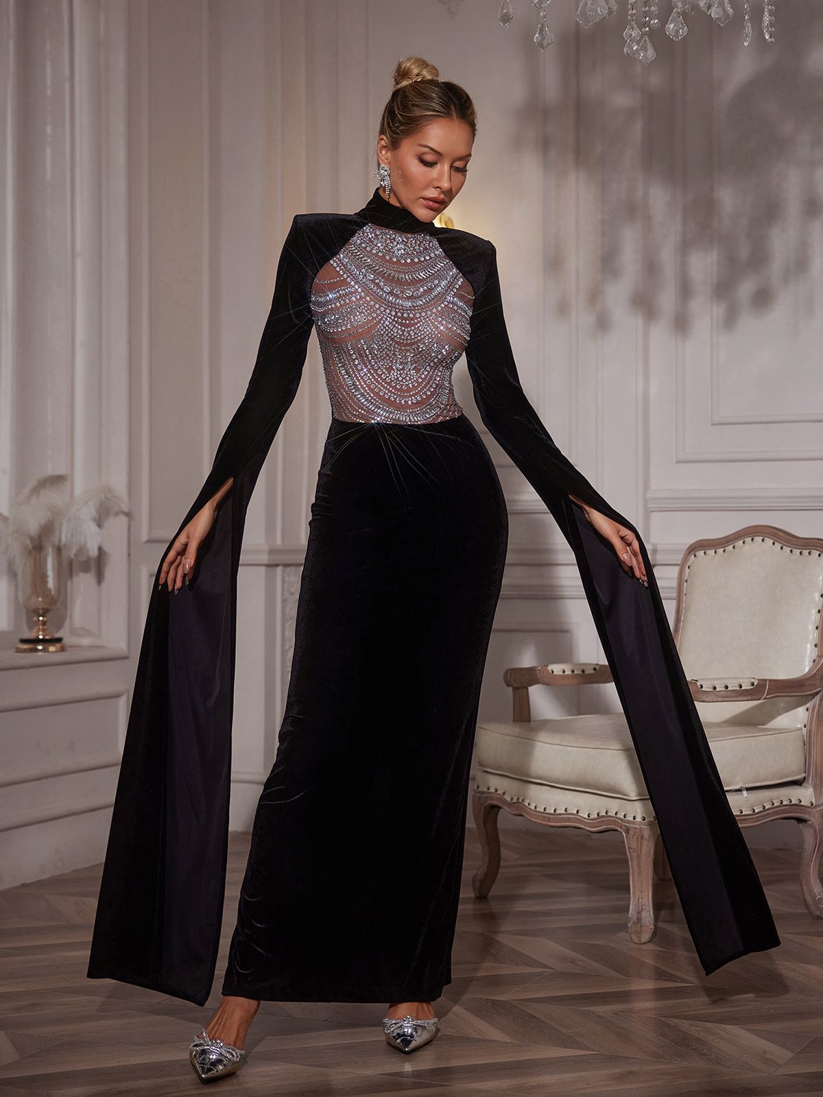 Rhinestone Velvet Maxi Dress - View 2