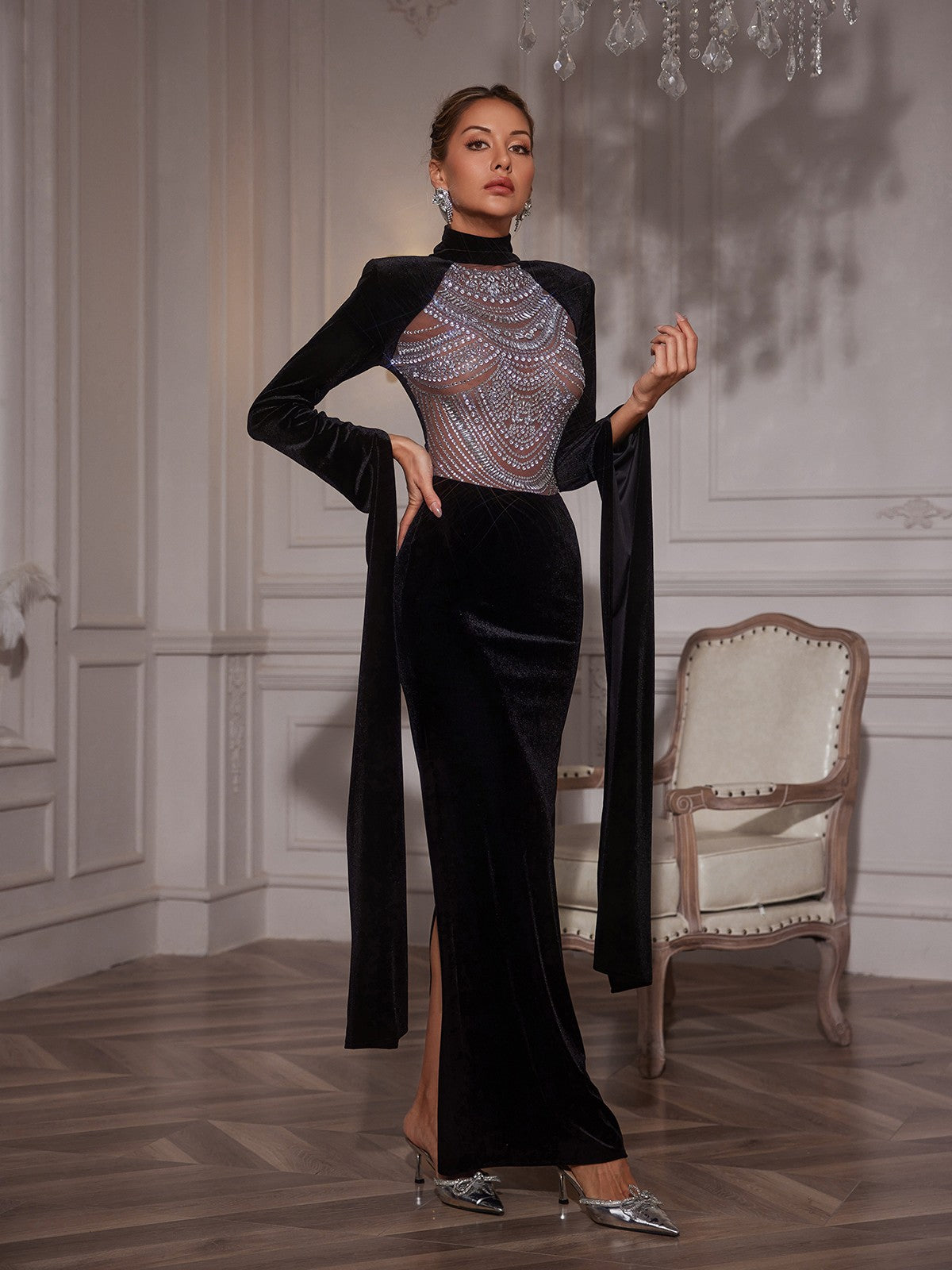 Rhinestone Velvet Maxi Dress - View 3