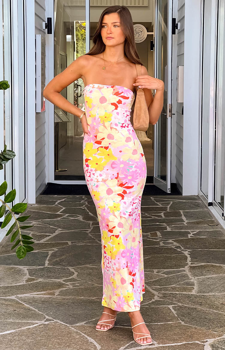 Retro Floral Print Strapless Bodycon Maxi Dress 11