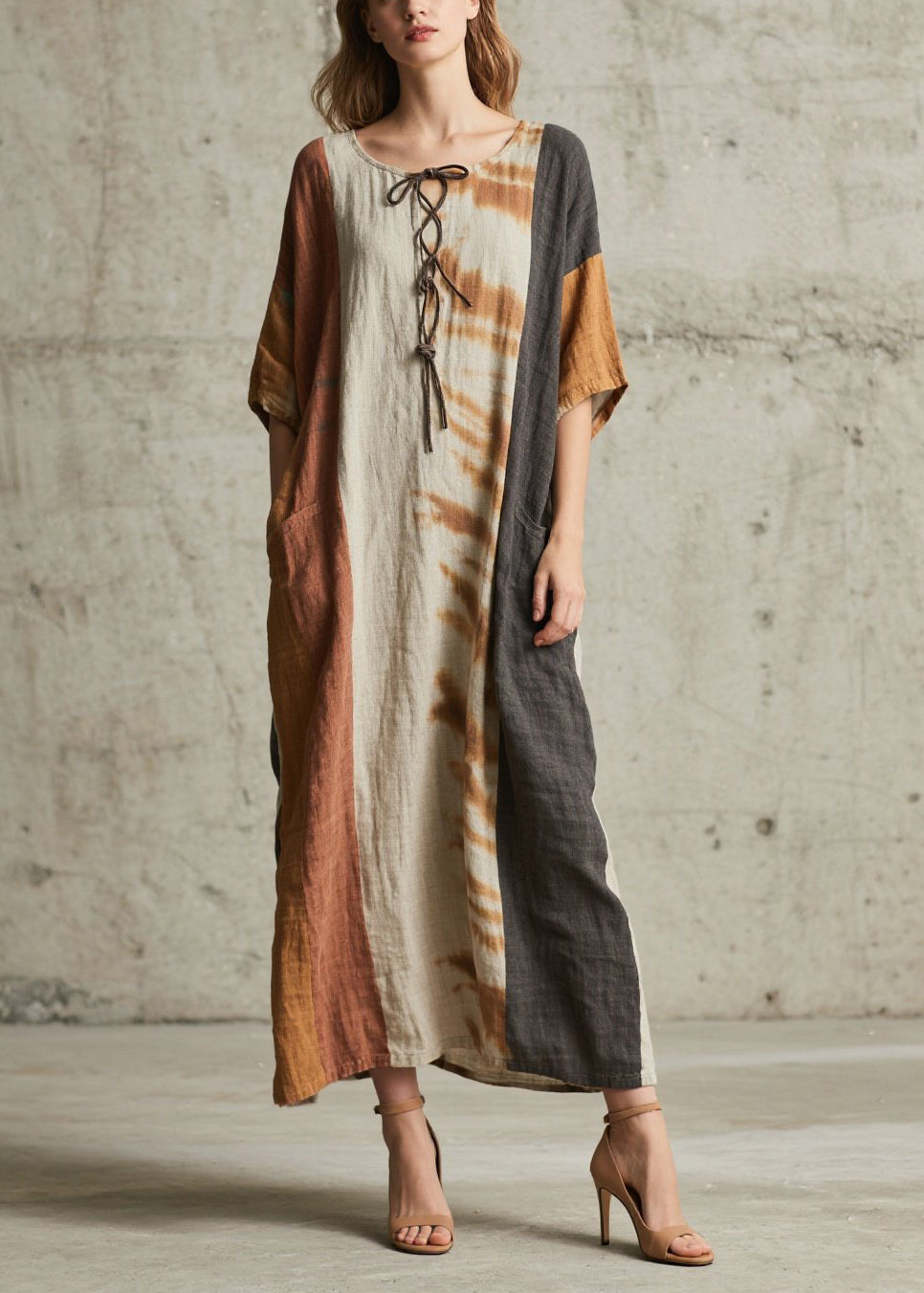 Retro Brown Oversized Patchwork Cotton Holiday Dress Summer