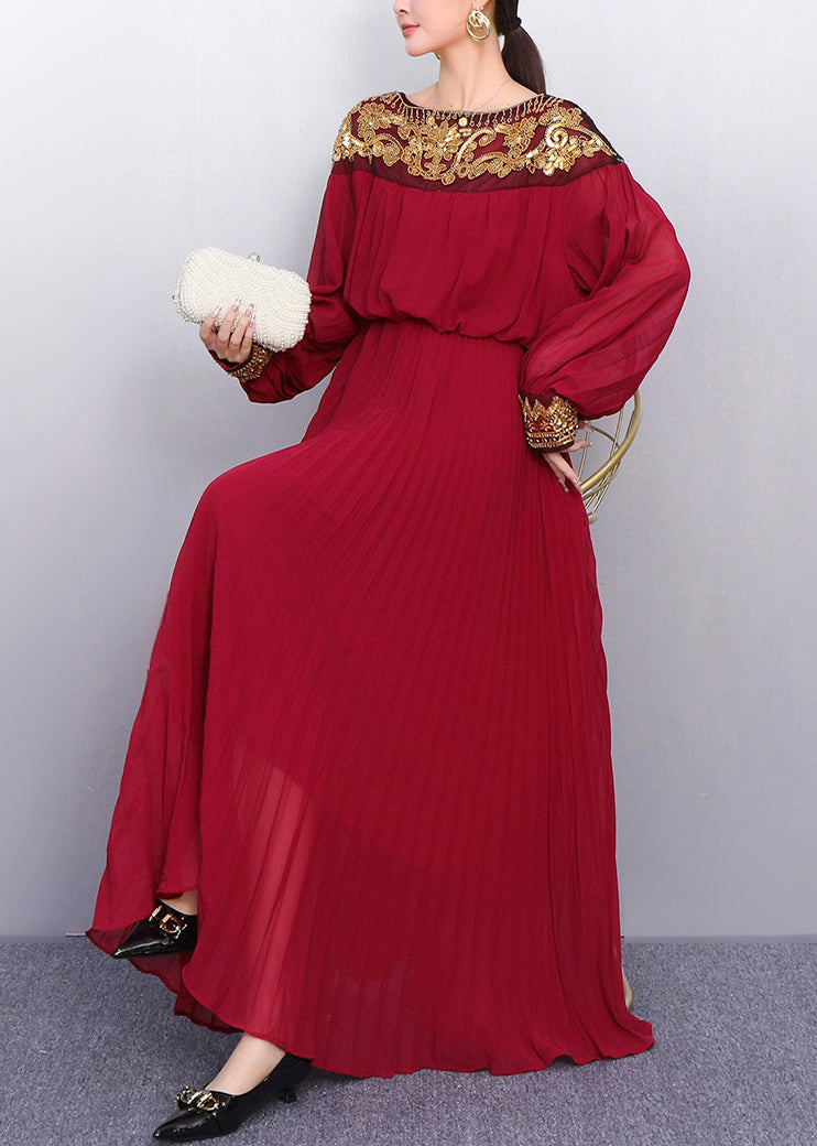 Sequin Embroidered Chiffon Long Sleeve Bishop Sleeve Pleated Maxi Gown