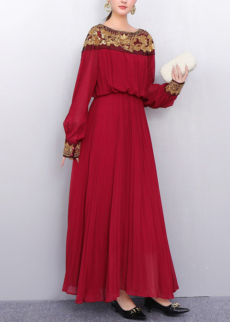 Sequin Embroidered Chiffon Long Sleeve Bishop Sleeve Pleated Maxi Gown
