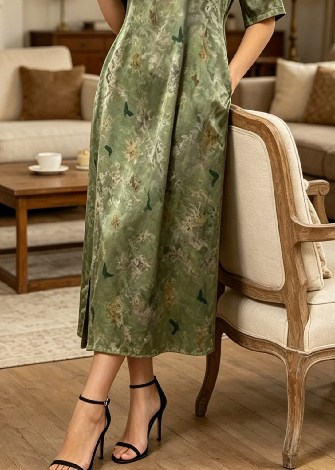 Butterfly Print Round Neck Cheongsam Trim Short Sleeve Side Slit Midi Dress