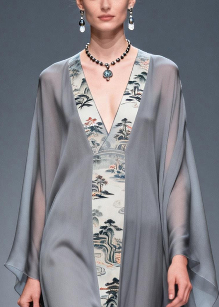 Retro Grey V Neck Patchwork Print Chiffon Maxi Dress Summer 2
