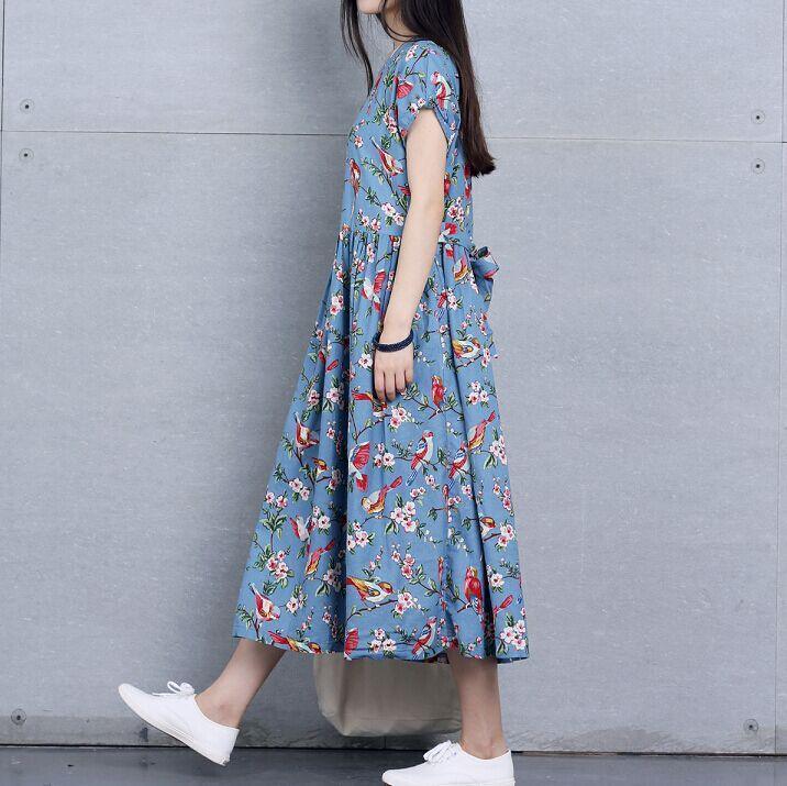 Retro print floral linen sundress oversize maxi dresses summer traveling dress