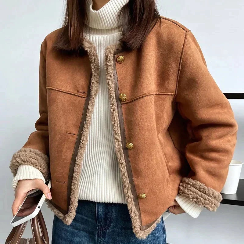 Shearling Trim Button Front Cropped Suede Jacket