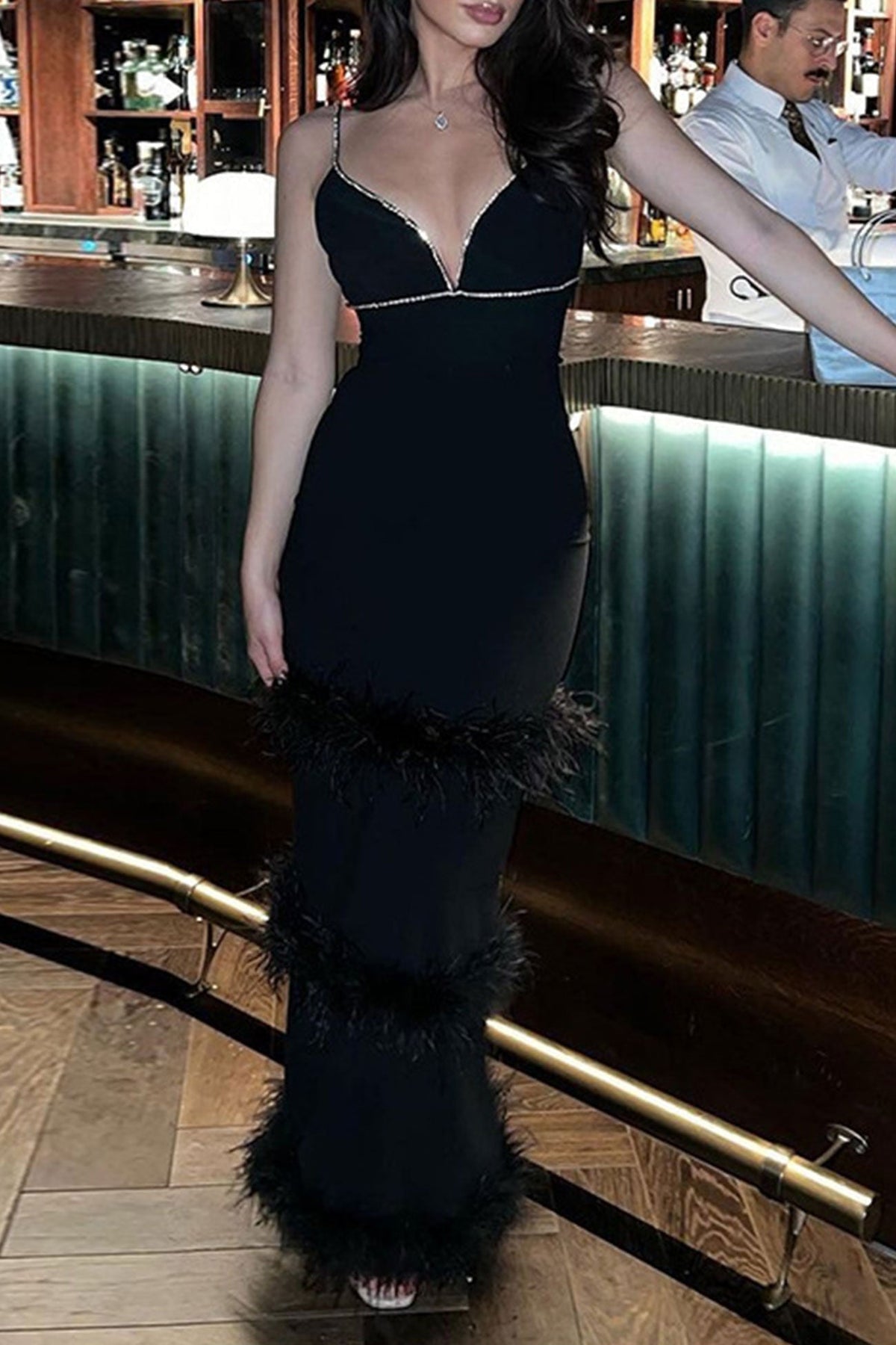 Rhinestone Trim V-Neck Cami Faux Feather Tiered Bodycon Maxi Dress 2