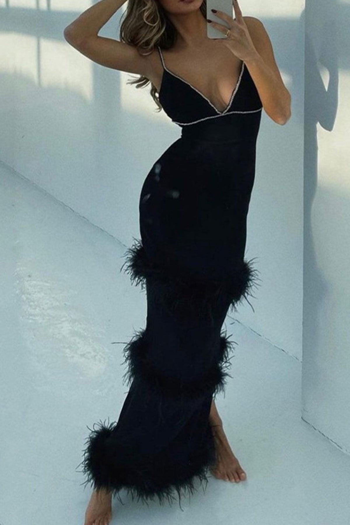 Rhinestone Trim V-Neck Cami Faux Feather Tiered Bodycon Maxi Dress 3