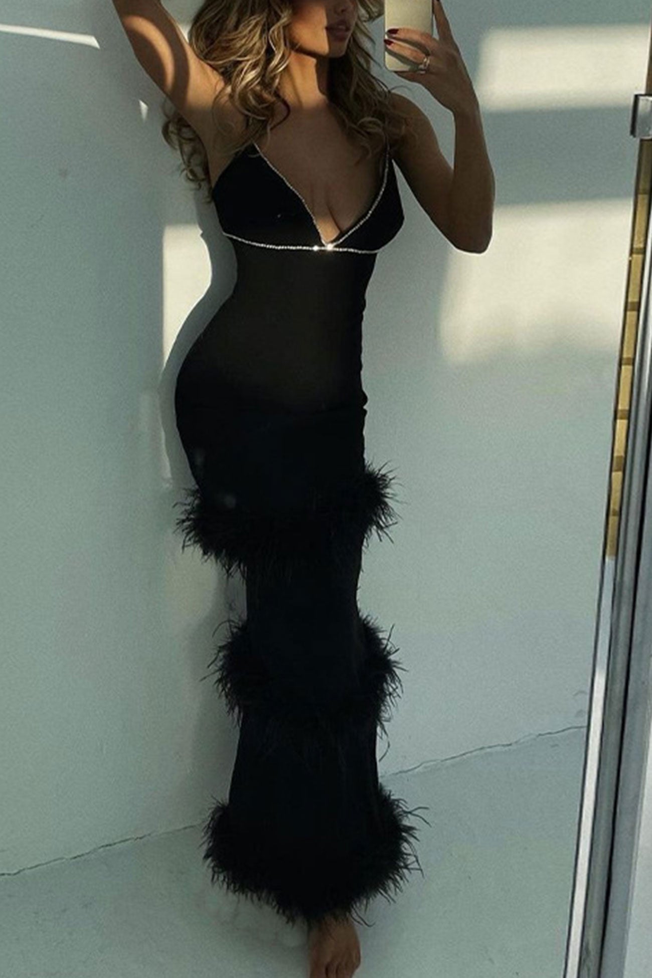 Fuzzy Tiered Cami Dress With Rhinestones