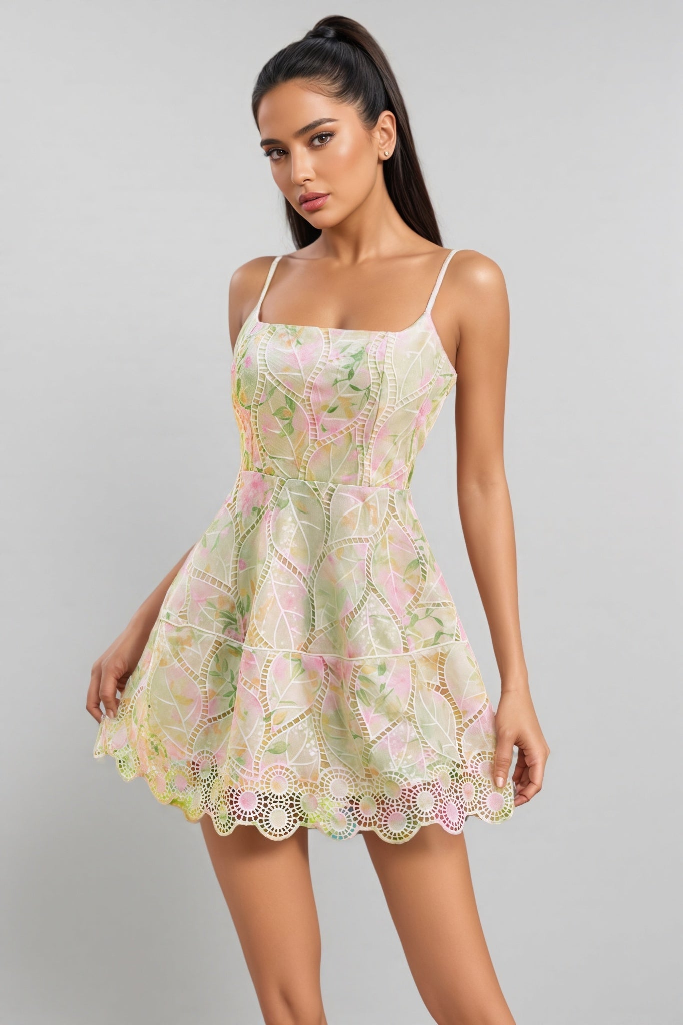 Disc Sequin Halter Neck Twist Front Cut Out Mini Dress
