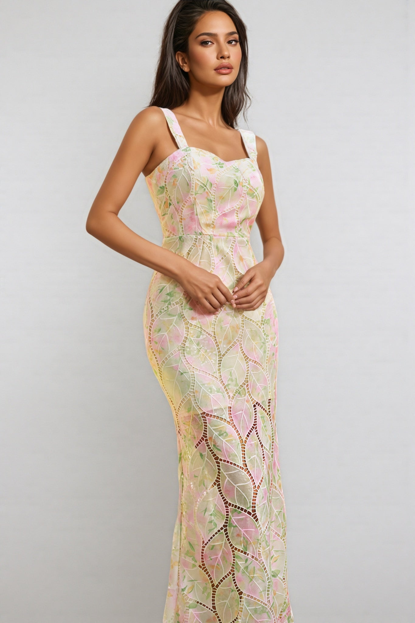 Floral Sequin Square Neck Sleeveless Mermaid Maxi Dress