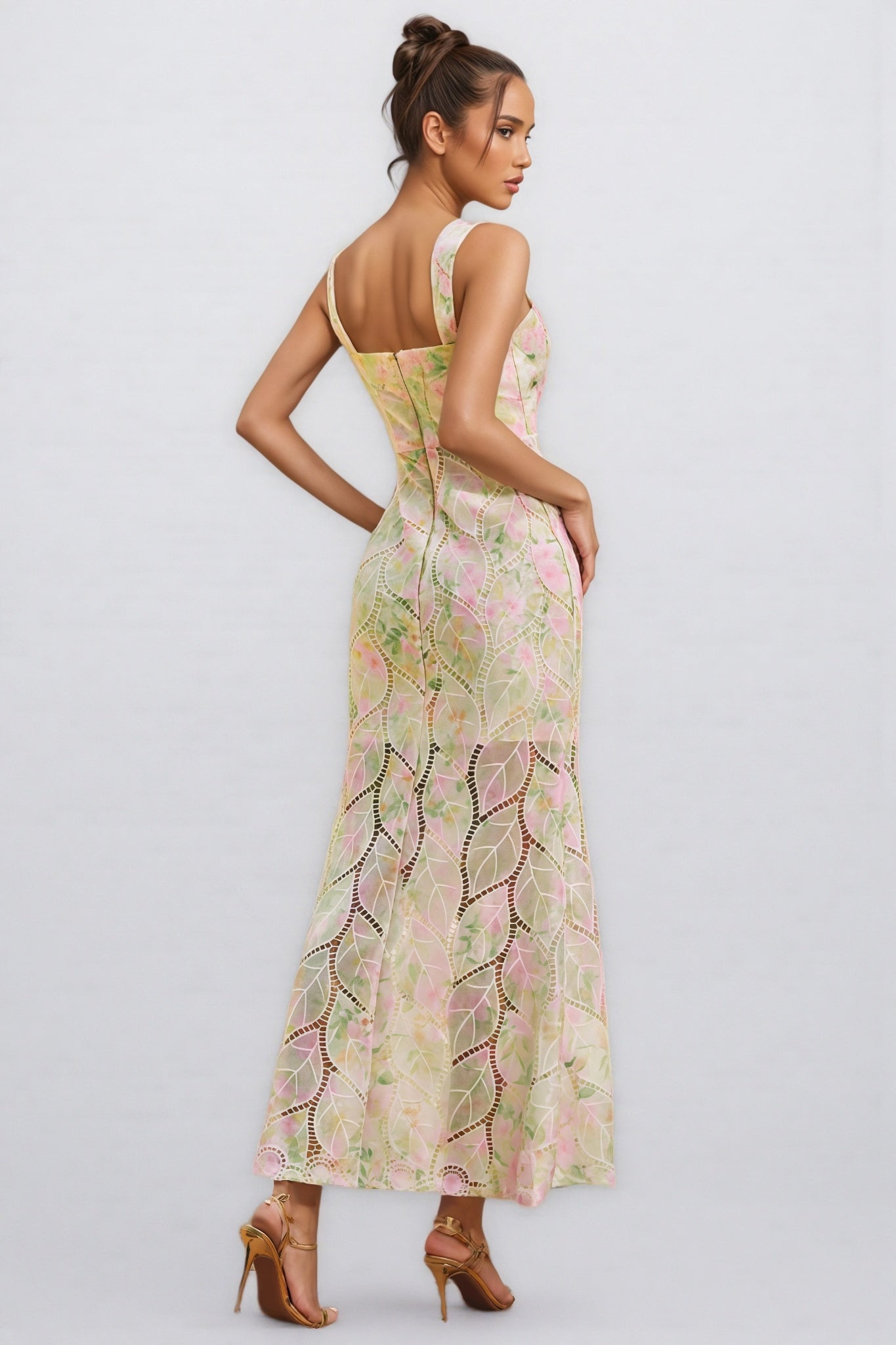 Floral Sequin Square Neck Sleeveless Mermaid Maxi Dress