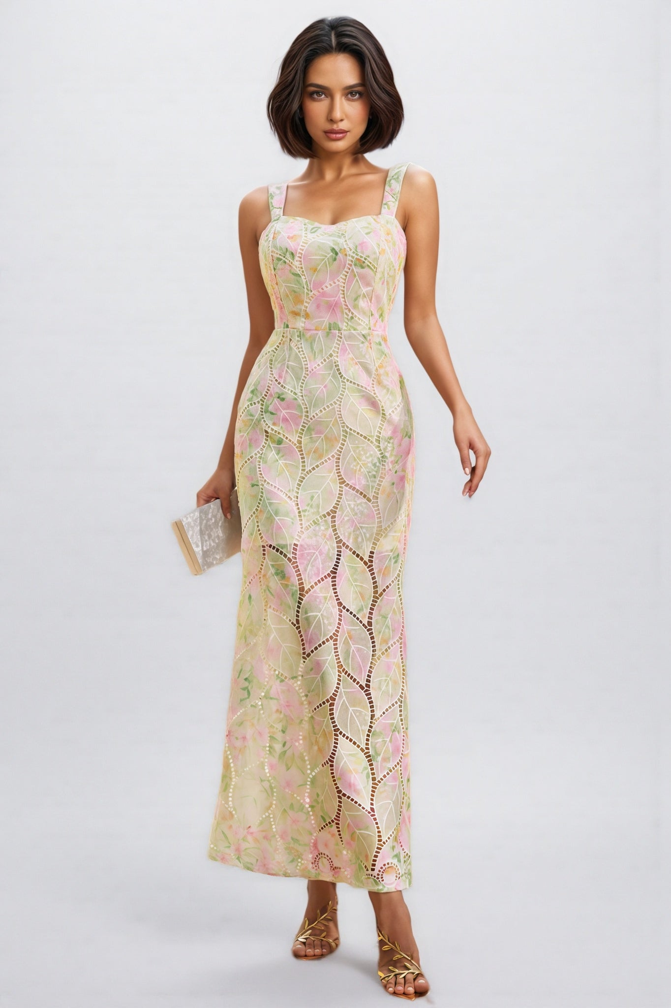 Floral Sequin Square Neck Sleeveless Mermaid Maxi Dress