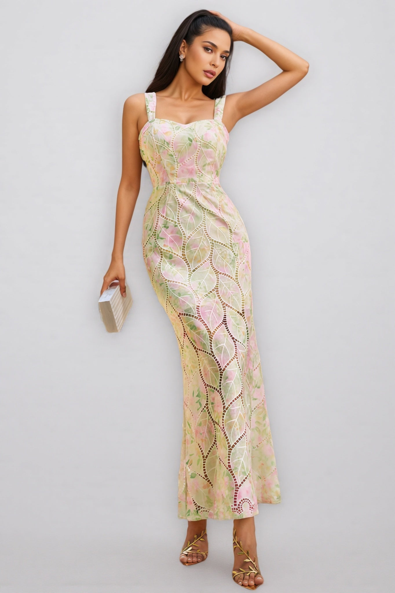 Floral Sequin Square Neck Sleeveless Mermaid Maxi Dress