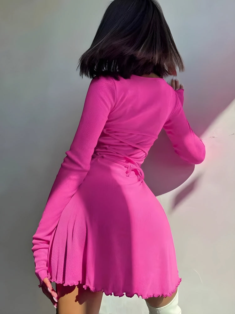 Ribbed Knit V-Neck Long Sleeve Lettuce Hem Mini Dress 2