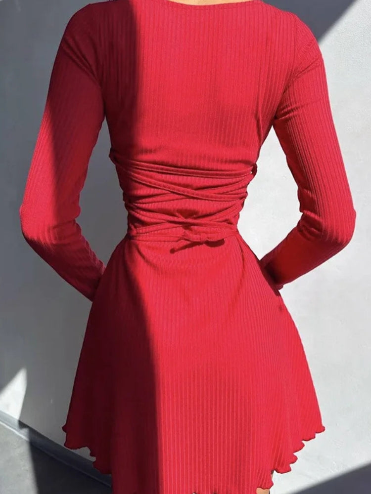 Ribbed Knit V-Neck Long Sleeve Lettuce Hem Mini Dress 6