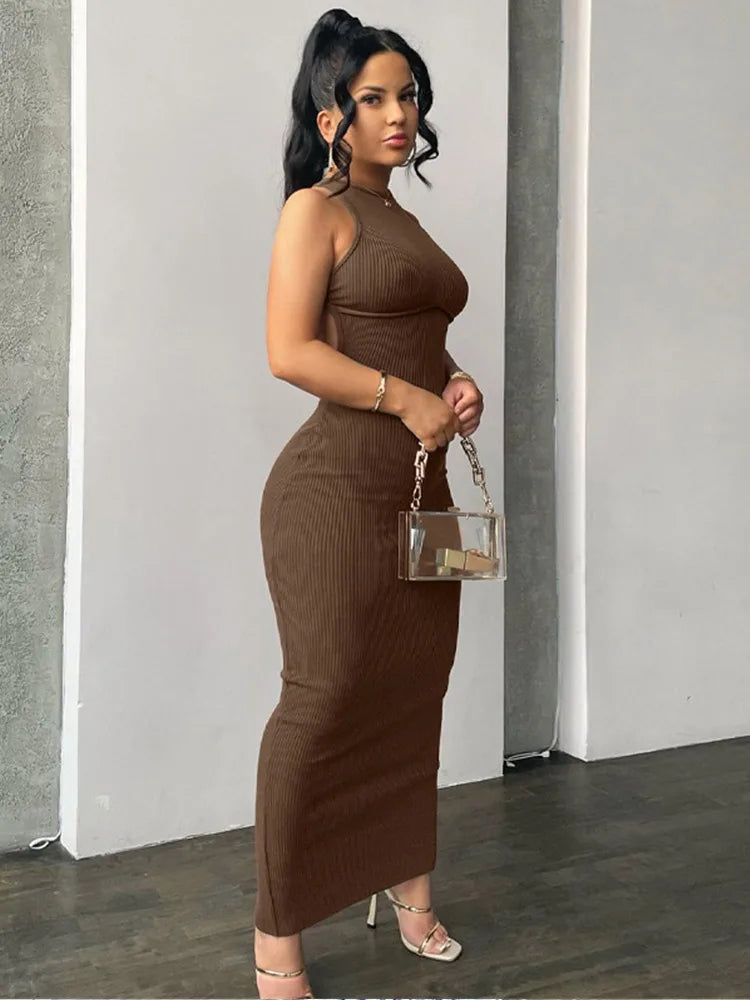 Ribbed Hollow Backless Sleeveless Slit Mini Elegant Y2K Midi Dresses