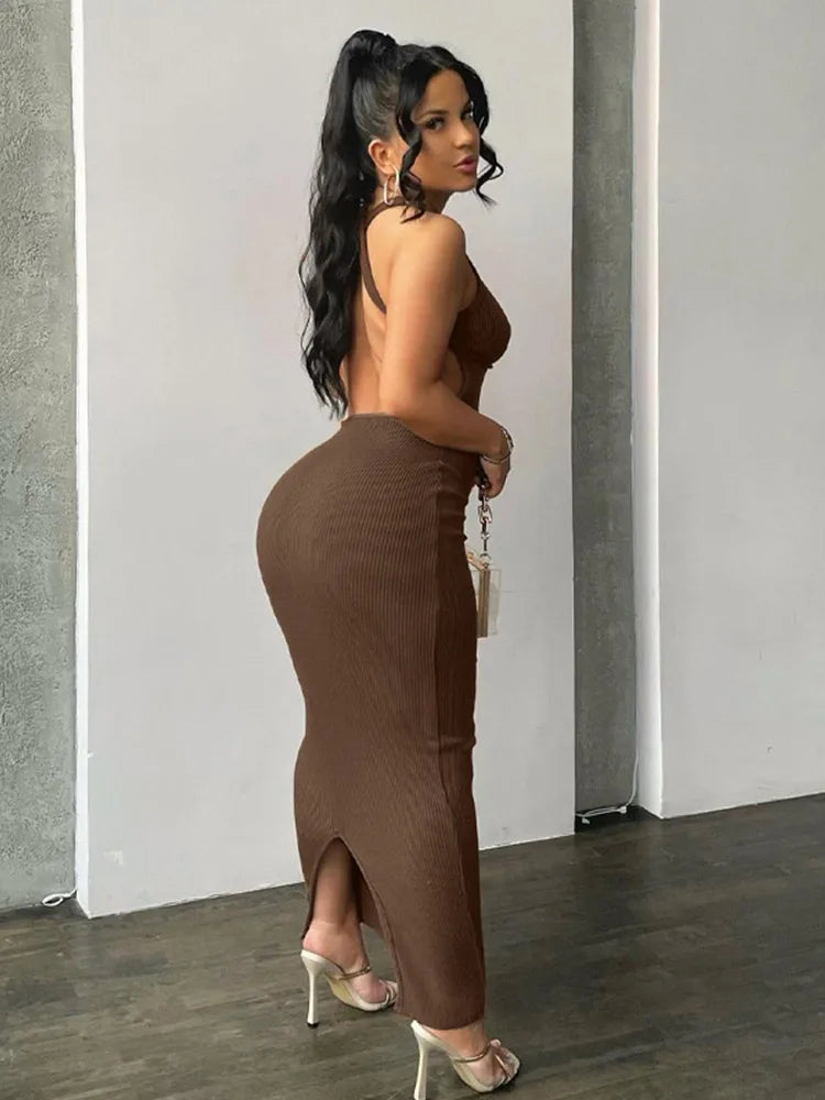 Ribbed Hollow Backless Sleeveless Slit Mini Elegant Y2K Midi Dresses