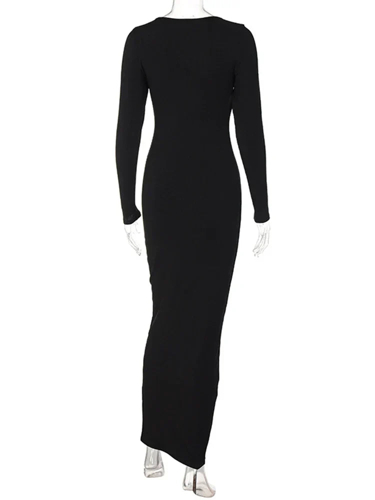 Ribbed Square Neck Long Sleeve Bodycon Midi Dress