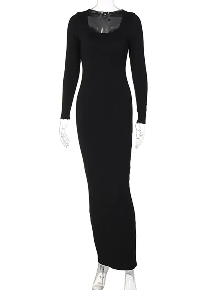 Ribbed Square Neck Long Sleeve Bodycon Midi Dress