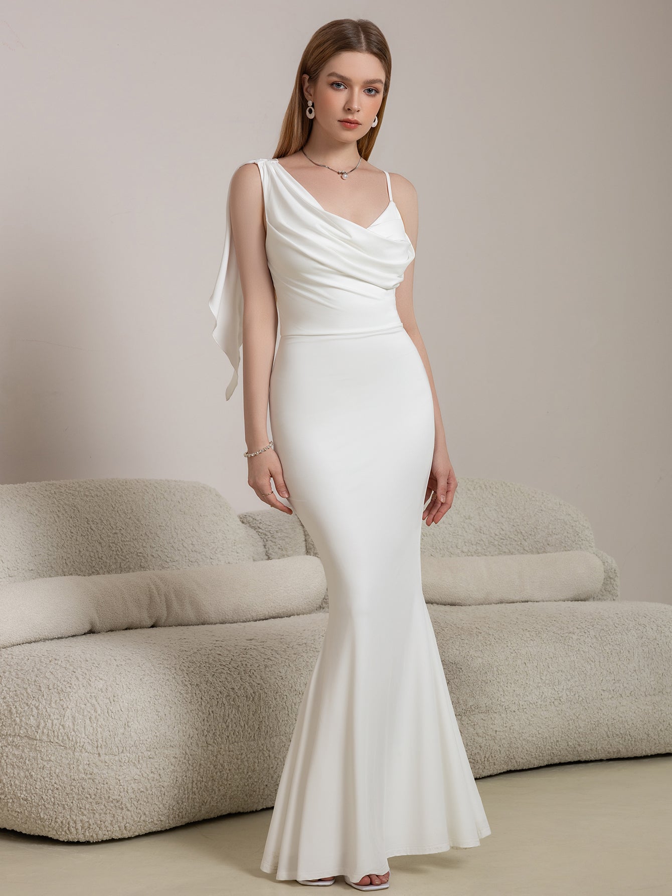 Satin Cowl Neck Spaghetti Strap Ruched Mermaid Maxi Dress