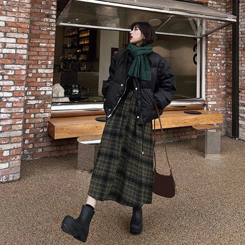 Vintage Woolen Plaid High Waist ALine Midi Skirt