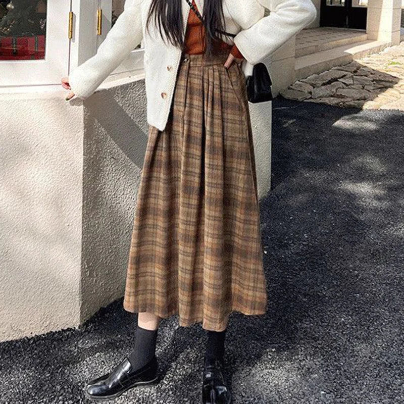 Vintage Woolen Plaid High Waist ALine Midi Skirt