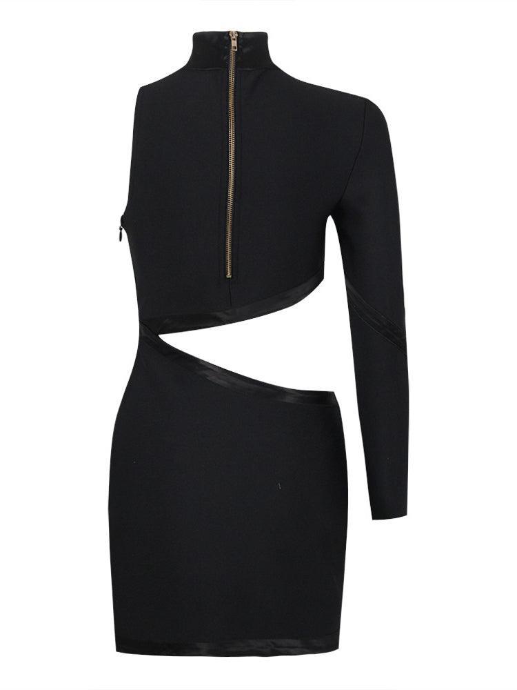 One Sleeve Mock Neck Metal Button Waist Cut Out Bandage Mini Dress