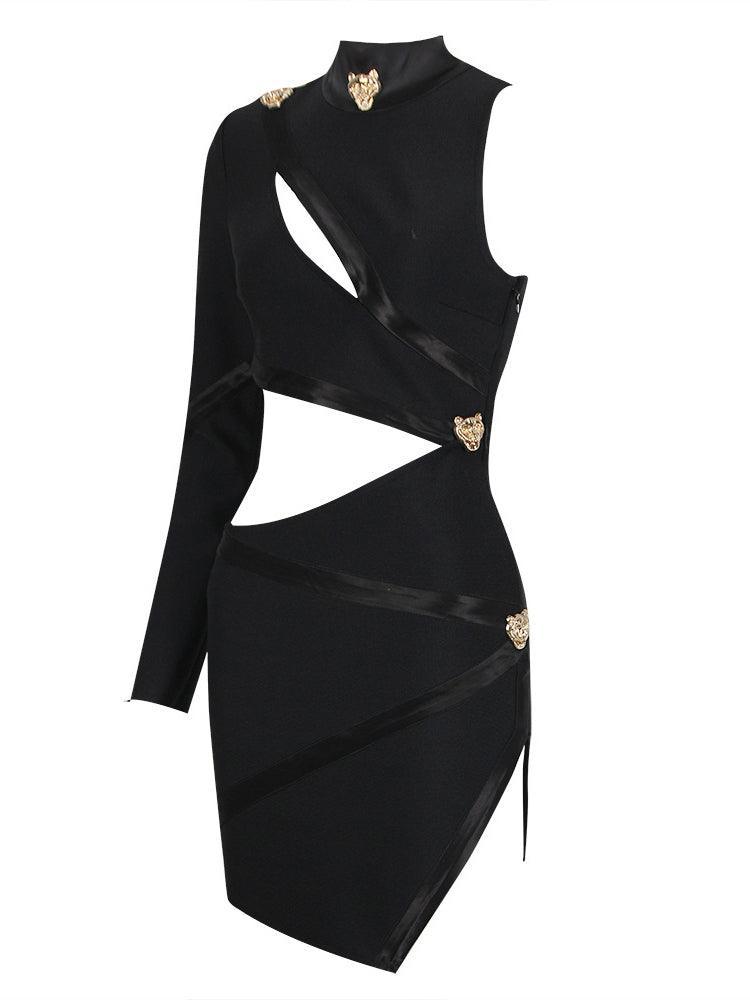 One Sleeve Mock Neck Metal Button Waist Cut Out Bandage Mini Dress