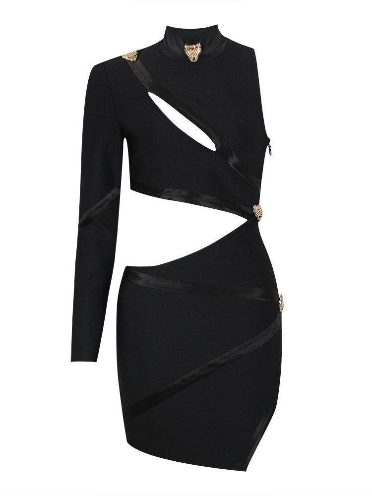One Sleeve Mock Neck Metal Button Waist Cut Out Bandage Mini Dress