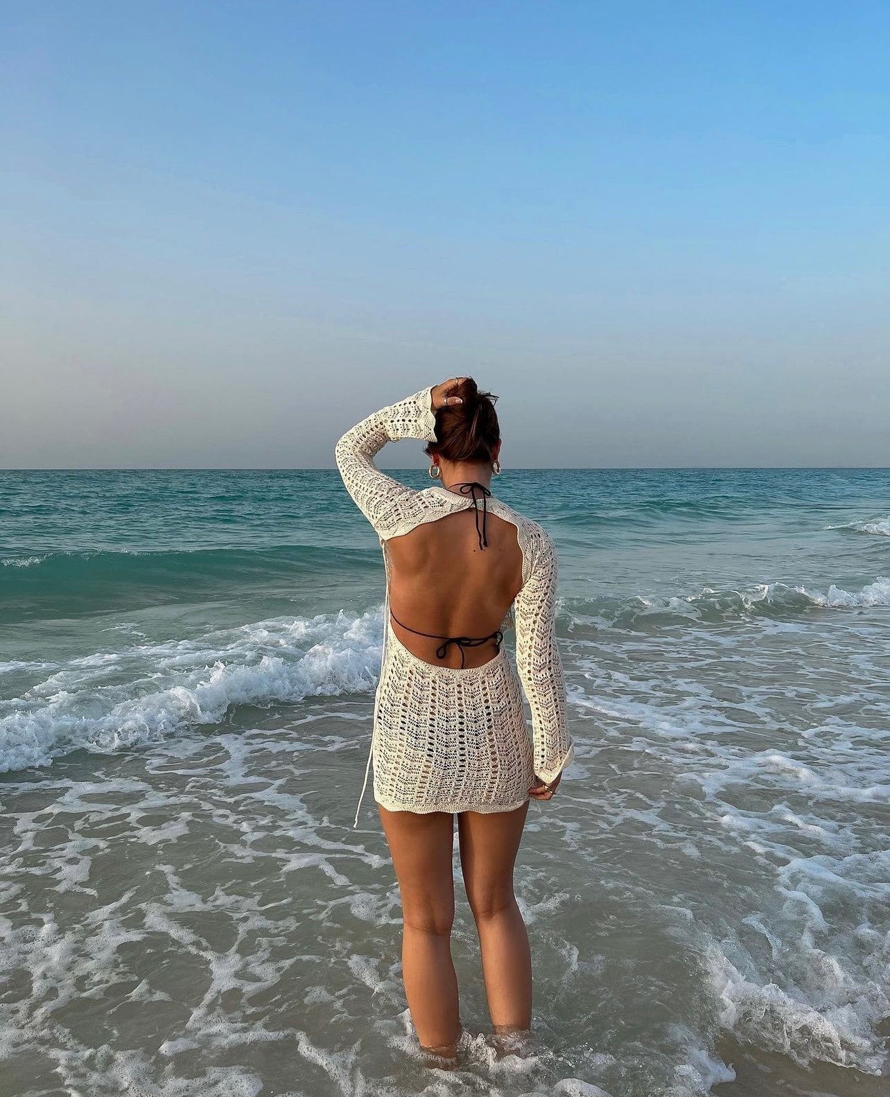 Crochet Knit Crew Neck Bell Sleeve Bodycon Mini Dress