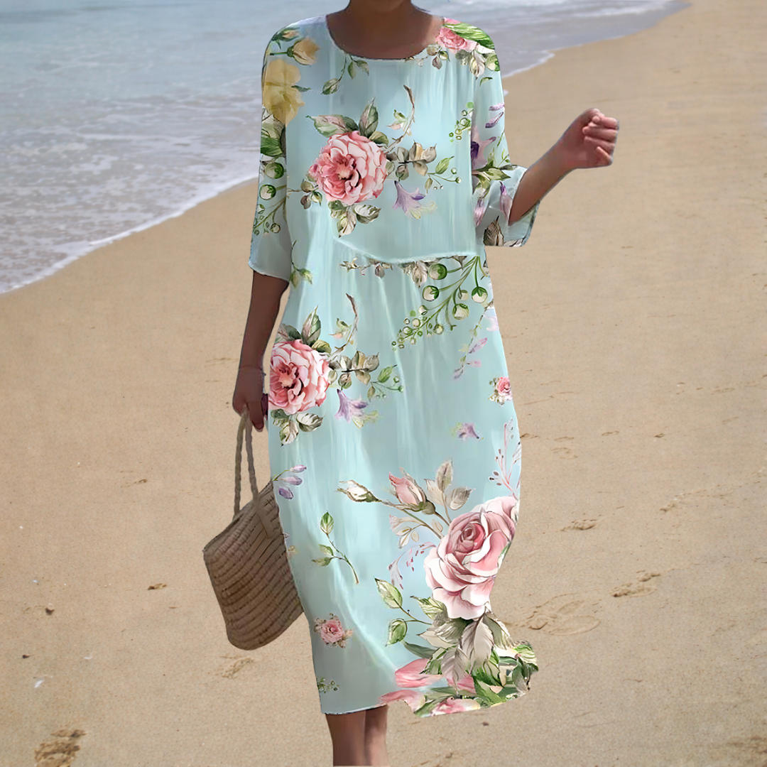 Floral Round Neck Long Sleeve Shift Midi Dress