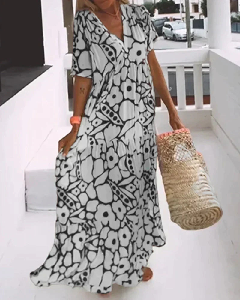 Floral Deep V-Neck Short Sleeve Tiered Maxi Dress 4