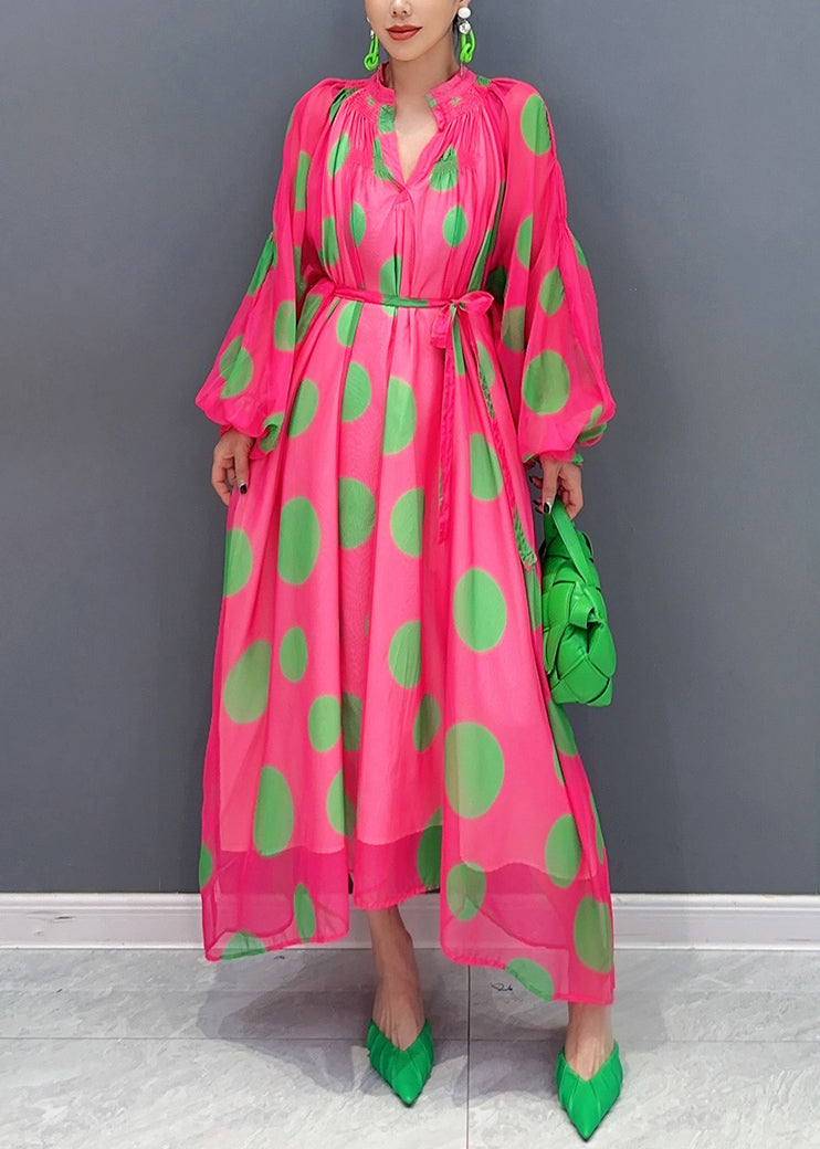 Ruffle Neck Lantern Sleeve Tie Waist Chiffon Maxi Dress