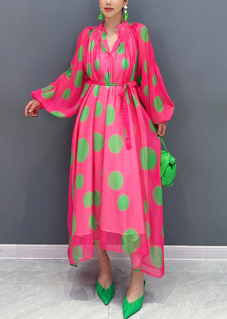 Ruffle Neck Lantern Sleeve Tie Waist Chiffon Maxi Dress - View 2