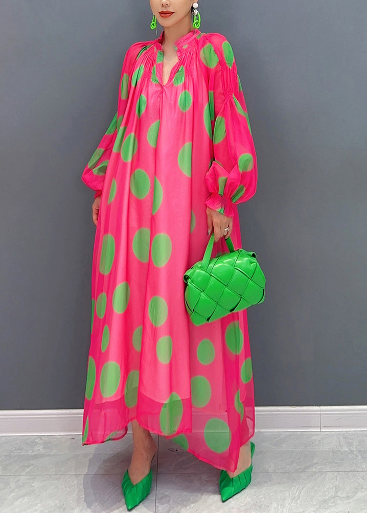 Ruffle Neck Lantern Sleeve Tie Waist Chiffon Maxi Dress