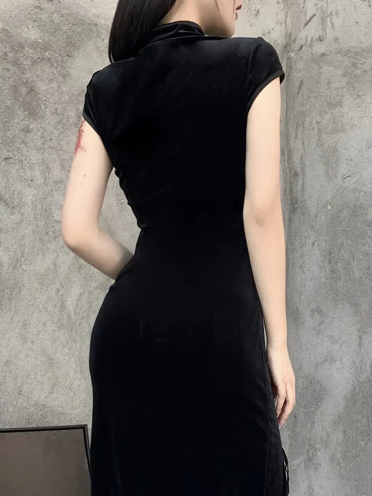 Velvet High Neck Frog Button Cap Sleeve Lace Up High Split Bodycon Maxi Dress
