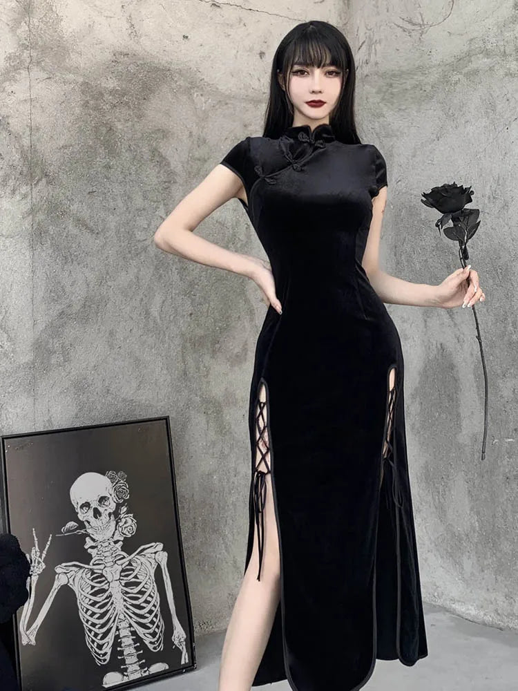 Velvet High Neck Cap Sleeve Lace Up High Split Bodycon Maxi Dress