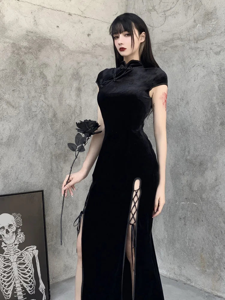 Velvet High Neck Frog Button Cap Sleeve Lace Up High Split Bodycon Maxi Dress