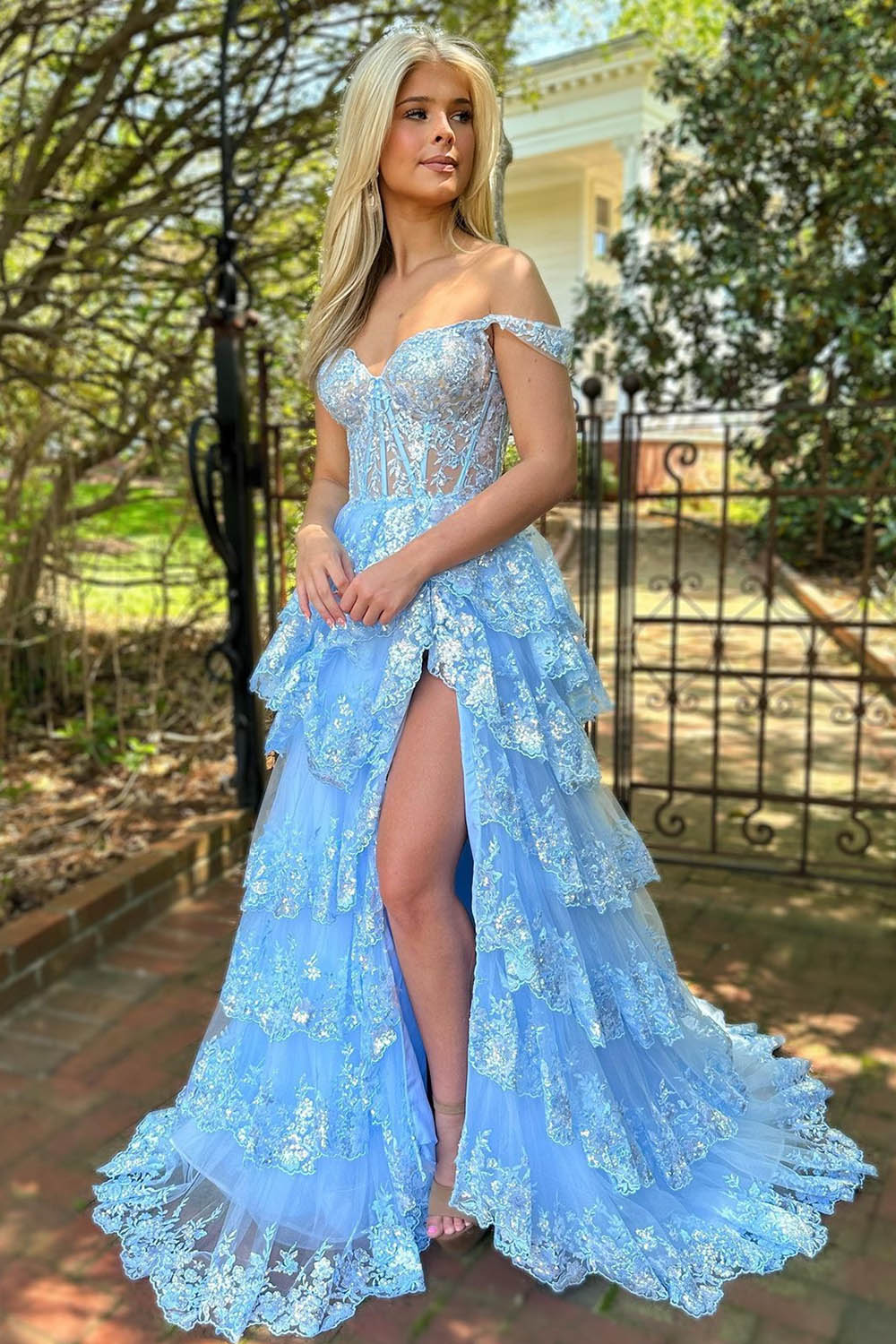 Stunning Glitter A-Line Off The Shoulder Long Tiered Prom Dress With Split