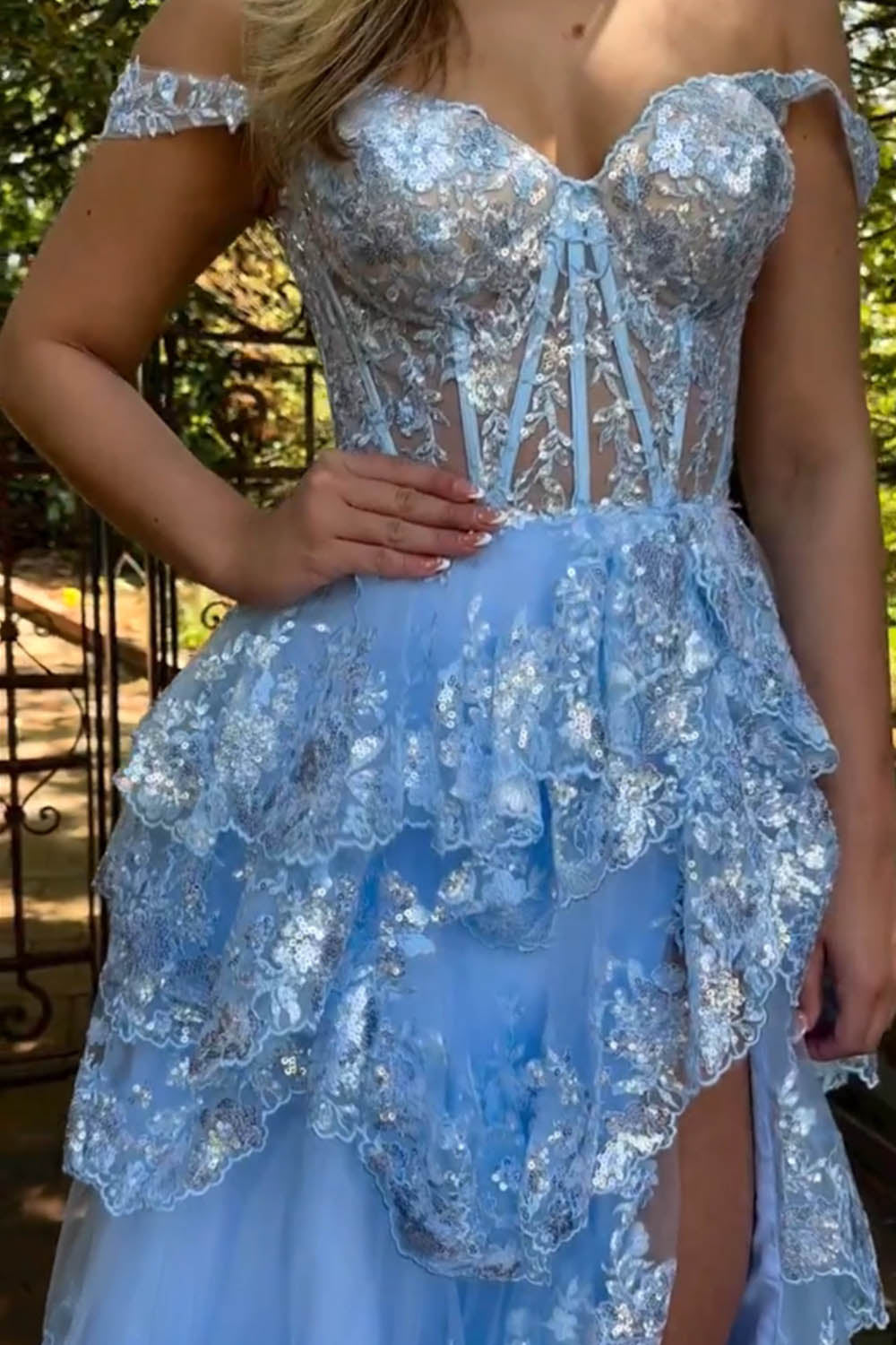 Stunning Glitter A-Line Off The Shoulder Long Tiered Prom Dress With Split