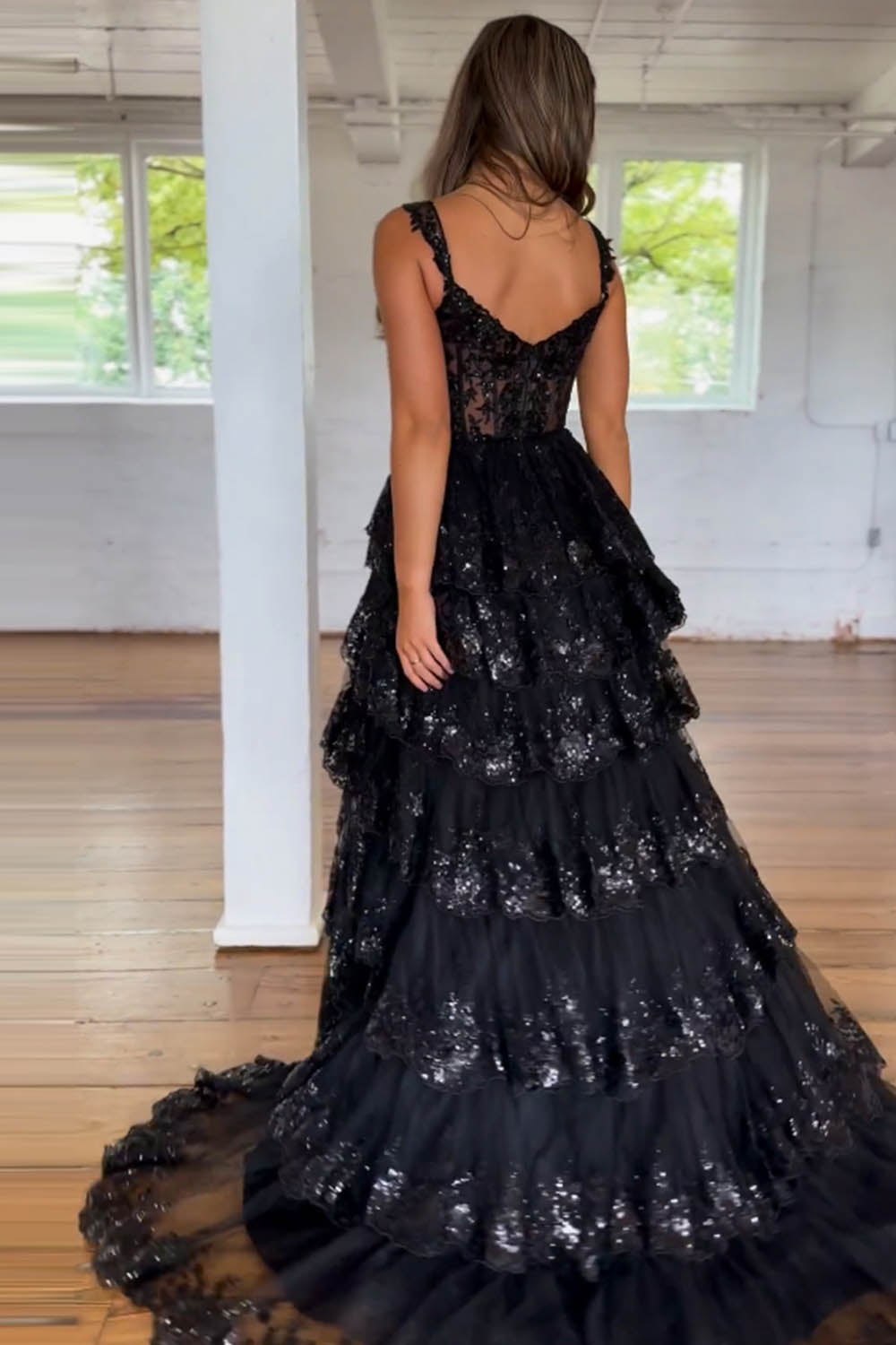 Stunning Glitter A-Line Off The Shoulder Long Tiered Prom Dress With Split