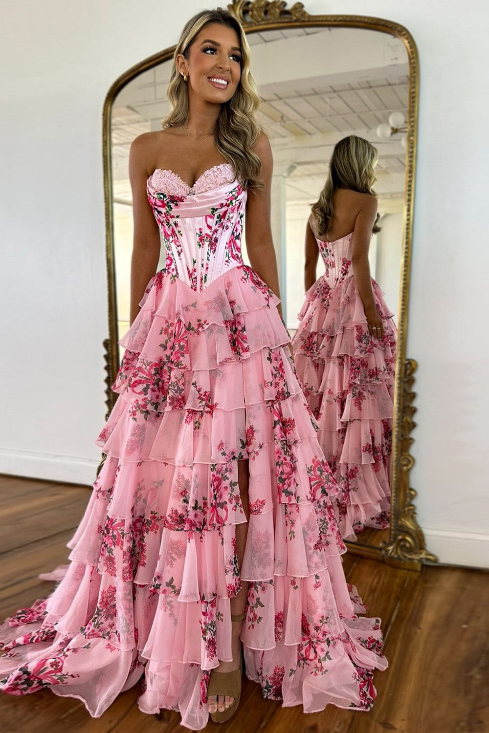 Romantic Pink A-Line Sweetheart Long Print Tulle Prom Dress with Slit